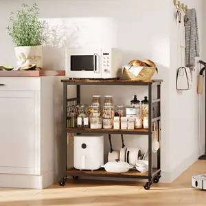 Kitchen Island on Wheels, 3 Tier Rolling Cart, Microwave Stand, Bakers Rack, Utility Cart with 6 Detachable Hooks, 4 Swivel Casters