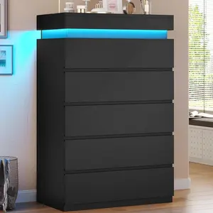 Sikaic Tall 5 Drawers Dresser with LED Light, Black Modern Chest of Drawers for Bedroom, Closet Dresser with Drawers for Living Room, Entryway, Hallway