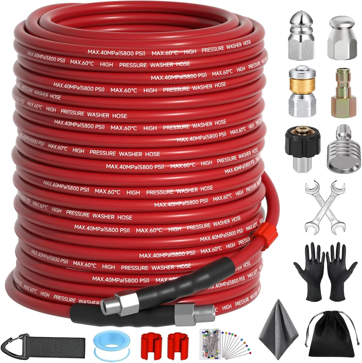 High Pressure Sewer Jetter Full Set for Pressure Washers (Max 5800 PSI/40MPa) - 1/4" NPT Hose with Quick Plug, NPT 1/4" Fit, Threaded Joint, 3 Jet Nozzles, Wrenches, Teflon Tape Seal, Gloves, Marking Ring for Indoor Drain Cleaning, Yard Clogs