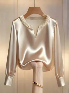 Elegant Women's V-Neck Long Sleeve Pearl Collar Design Blouse, Business Style, Perfect for Vacation and Date