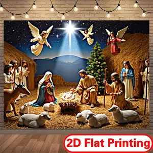 2D Flat Printed Polyester Backdrop Banner for Christmas Home & Outdoor Decoration with Nativity Scene Angels Christmas Tree and Sheep Festive Settings