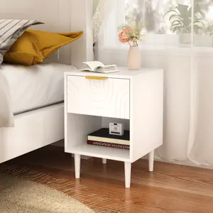 22.83'' H Modern White Nightstand with One Drawer & Open Shelf Gold Accented Handle Ideal for Bedroom Decor Functional Storage MDF Material Easy Assembly