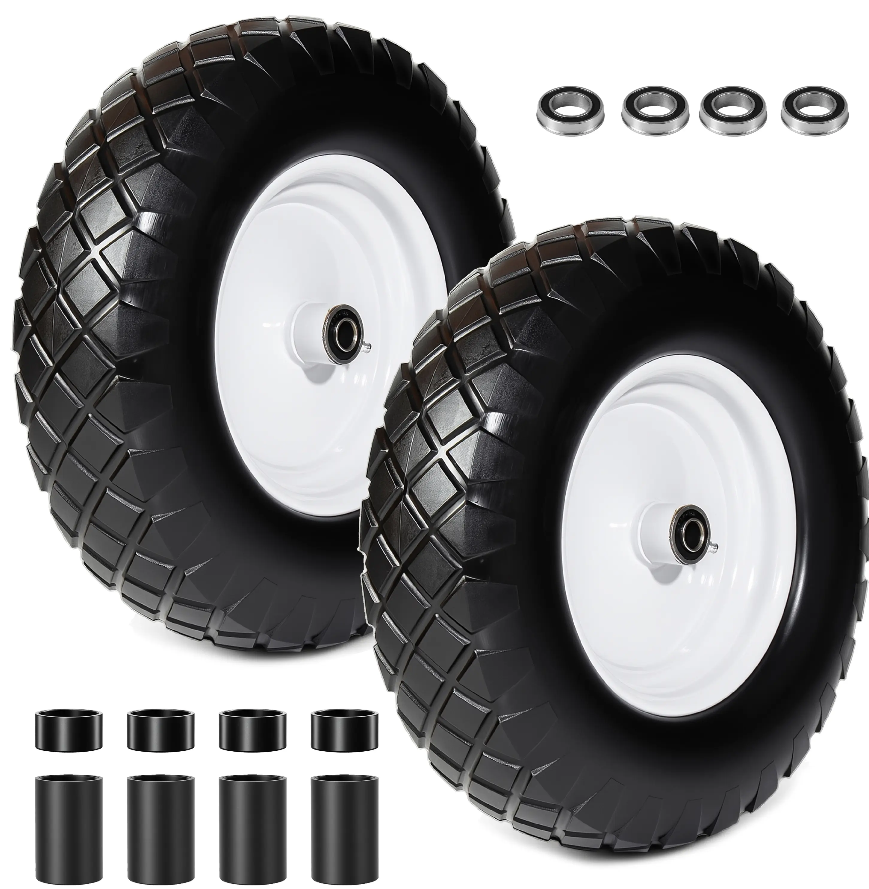 2-Pack Durable Polyurethane Wheelbarrow Wheel Parts Set - Garden Accessories, 16 inches Flat-Free Solid Tire (4.80/4.00-8), 5/8"-3/4" Bearings, 3" Centered Hub, Adapter Kit for Axle Diameter and Hub Width, Landscaping Hand Truck