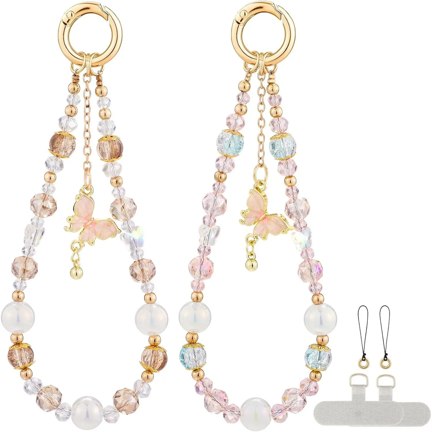 2-Pcs Chic Cellphone & Mobile Phone Straps & Charms, Aesthetic Metal Chain Wristlet with Crystal Beads, Butterfly Pendants & Tether Tabs for Easy Attachment, Stylish Accessories for Smartphones & Bags, Chic Phone Straps & Charms