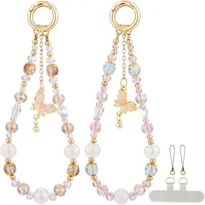 2-Pcs Stylish Metal Chain Mobile Phone Charms Wristlets with Crystal Beads, Butterfly Pendants, Tether Tabs for Easy Attachment, Smartphone Accessories for Cellphones, Bags