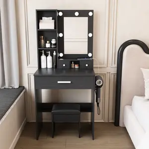 Small Vanity Desk with Mirror and Lights, Makeup Vanity Table with Power Outlet & 3 Drawers & 4 Shelves & Stool,Dressing Table Set for Bedroom, 3 Color Mode, Black