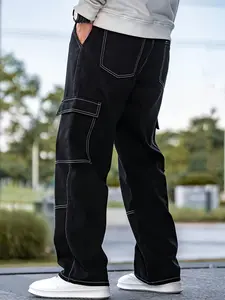 Live unbridled Men's Streetwear Multi-pocket Overalls Casual Denim Pants Loose Trousers for Daily Wear Straight  Plain Black Jeans  cargo pants for men,summervibes, Adjustable Drawstring Jeans, K311081 Xs Cotton