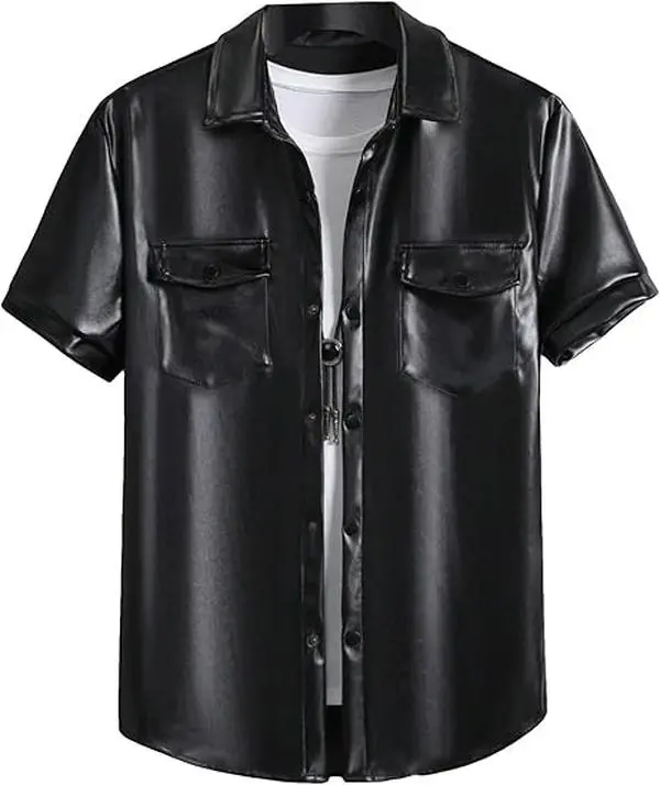 Men's PU Leather Short-Sleeve Button-Up Collared Shirt - Soft Polyester Fabric, Flap Pocket, Party Collar, Club-Bar Style Cocktail Shirt for Evening Wear,back to school,back to school shopping, Button Up Shirts
