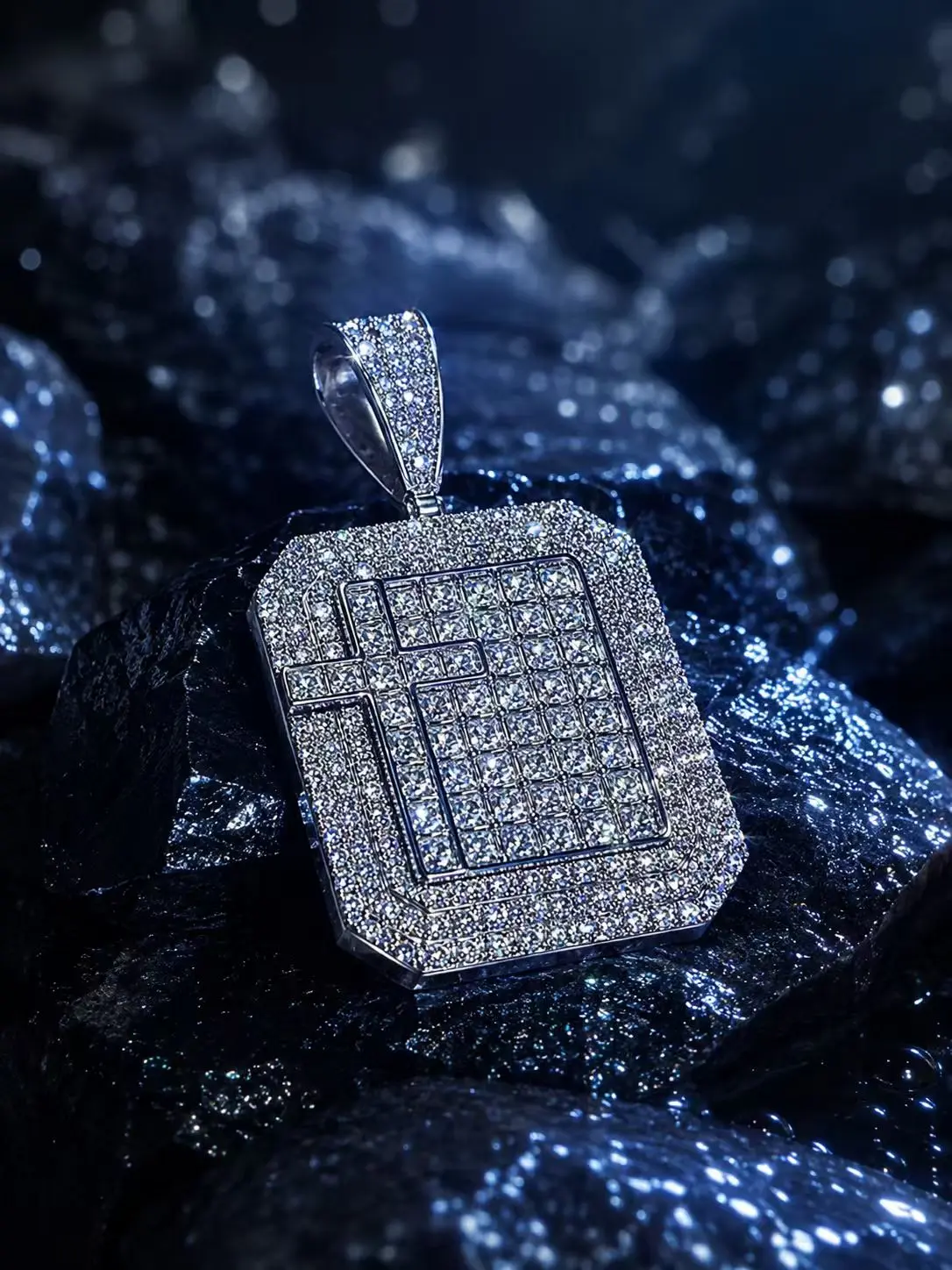 5450 Iced Out Big Square Dog Tag Pendant Necklace for Men Full Bling Zircon Hip Hop Rap Statement Jewelry