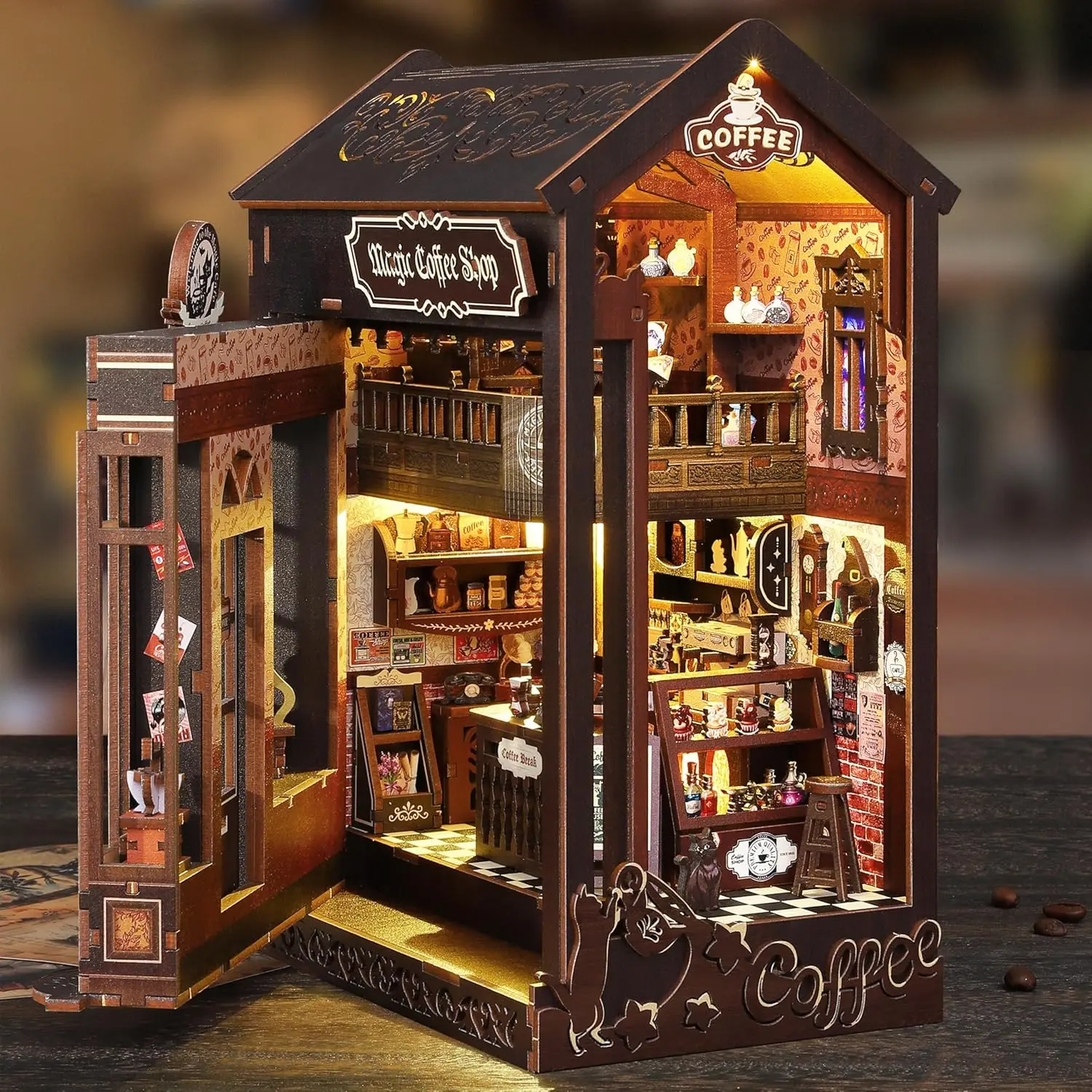 DIY Book Corner Kit Magic Coffee Shop, Open Structure & Mystical Details, 3D Puzzle Adult Assembly Bookend, Creative Home Decor Gift Idea, Wooden House Kit Adults, DIY Building Model, Complete Diy Set, Diy Kits