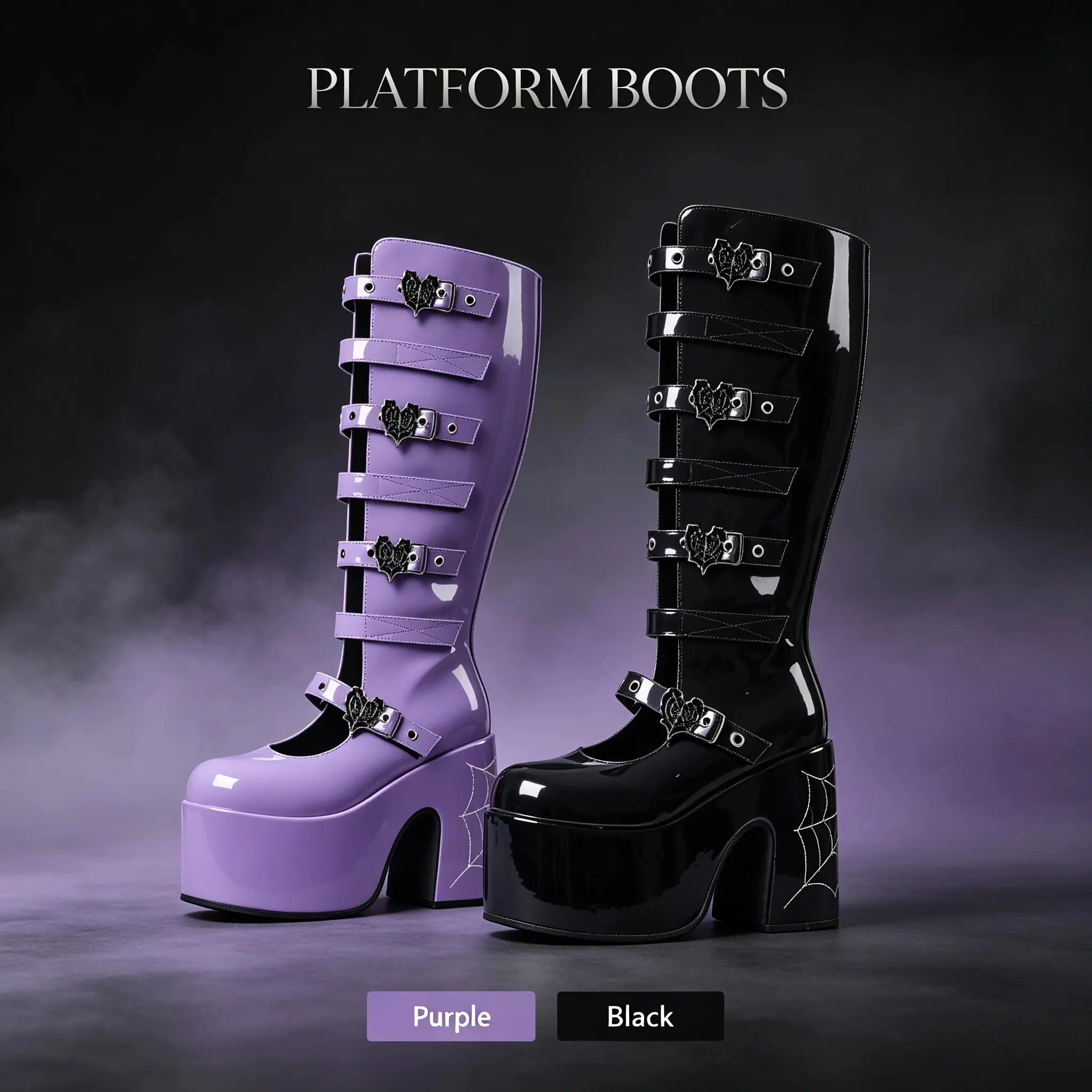 Women's Knee-High Boots, Gothic Cobweb PU Leather Platform Walking Shoes with Buckles, Punk Fashion Round Toe Boot, Platform Heel, Rubber Sole, Gothic Touch