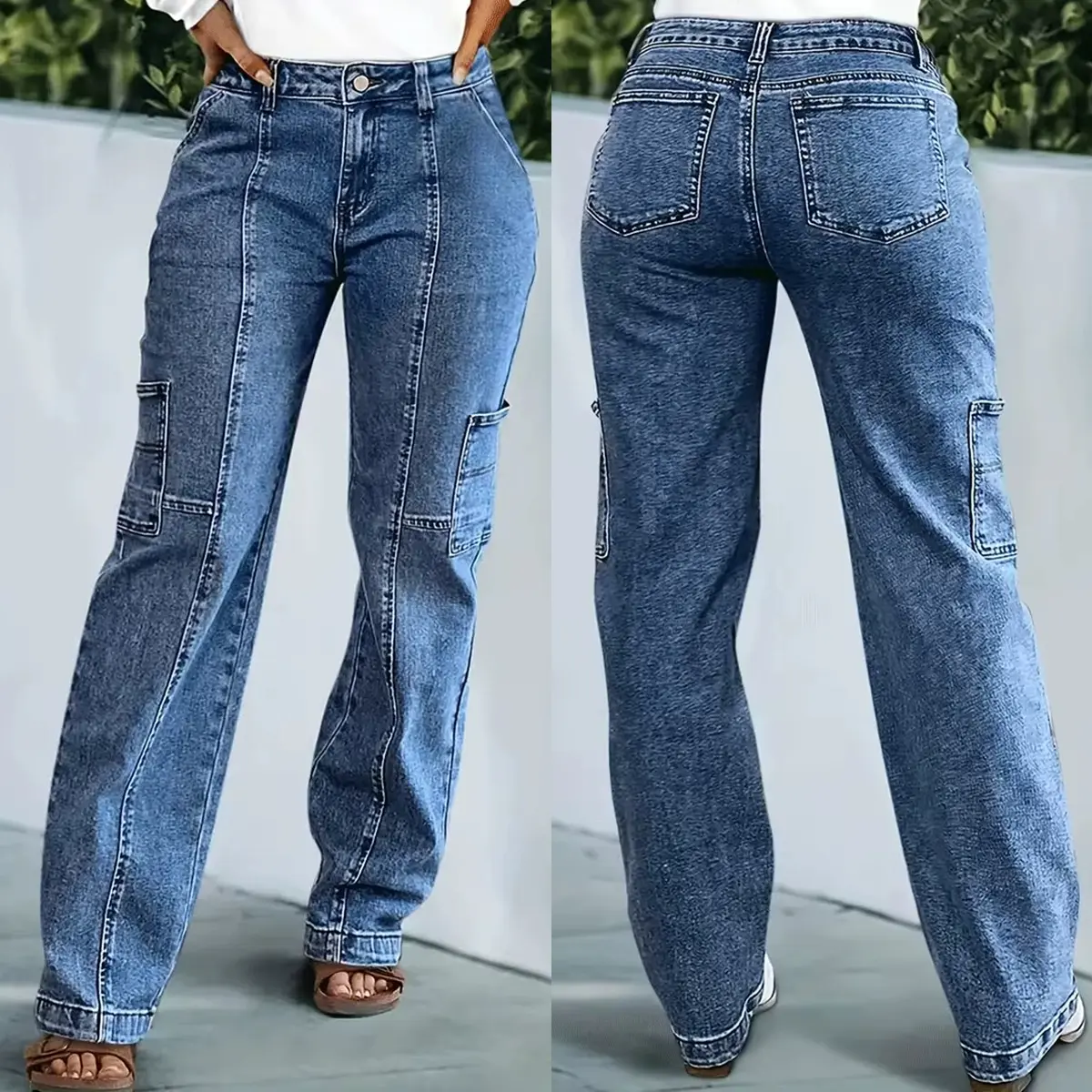 Women's High-Waisted Wide-Leg Stretch Denim Cargo Jeans with Functional Pockets, Casual Streetwear Bottoms, Pocket, Trouser, Pants