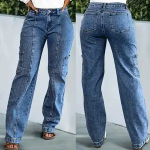 New slim-fit, figure-flattering stretch wide-leg women's denim cargo pants