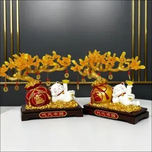 Lucky Cat Gold Branch Ornament, Home Decor for Living Room, Entryway, Study, Shop Front Desk, Moving In, Business Gift, Festival Present