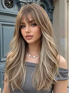 Ash Blonde Long Wavy Wig with White Highlights & Full Bangs | Daily Style 20inch Synthetic Machine Wigs