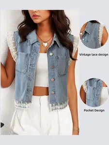 Women's Lace Patchwork Medium Wash Denim Vest, Stand Collar Sleeveless Loose Fit, Sweet Cool Style Layered Outerwear Top