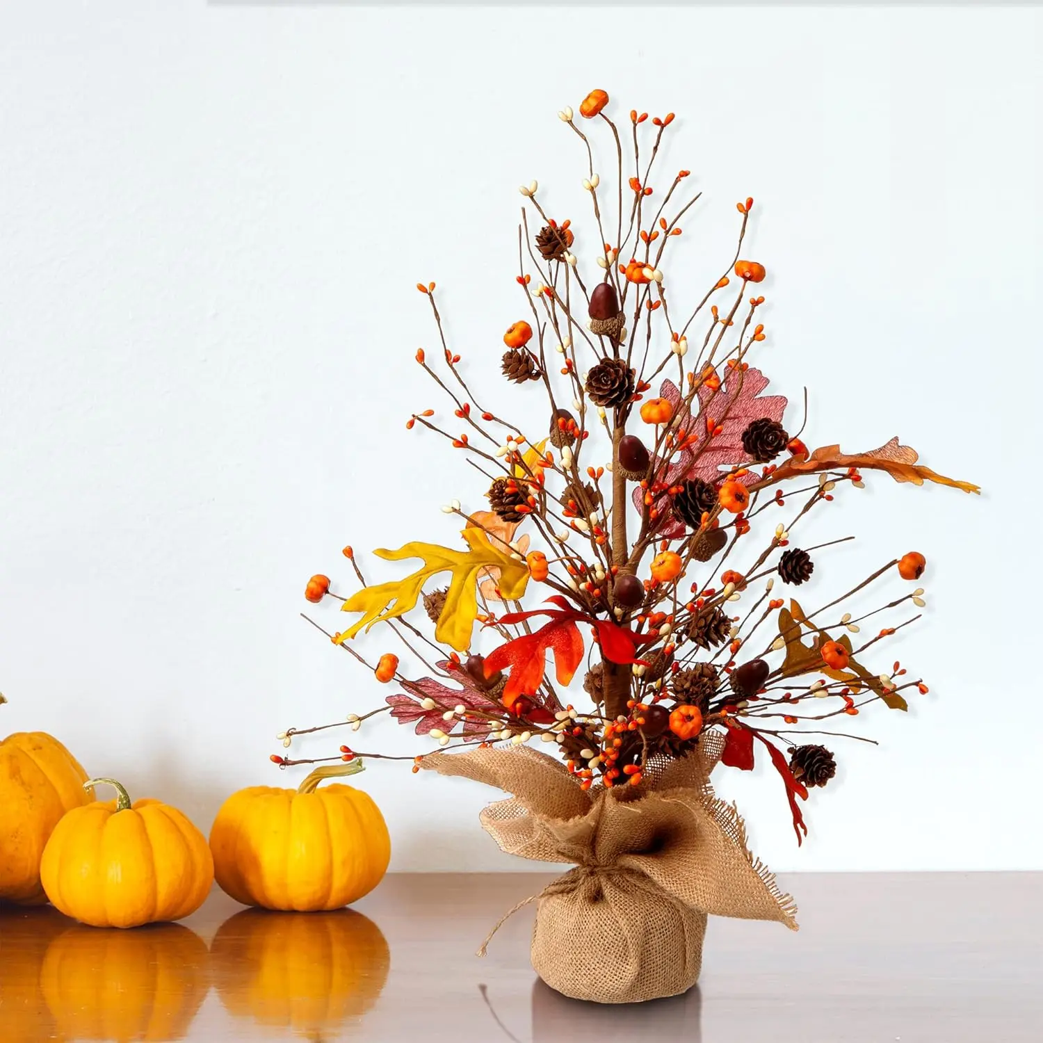 Glitzhome 20" H Fall Harvest Pumpkins Table Tree with Burlap Base Decorative Berries Leaves Tree Table Centerpiece for Fall Harvest Thanksgiving Great Festival Home Decor