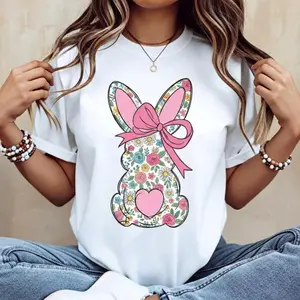 Elegant Casual Women'S Round Neck Short Sleeve T Shirt With Easter Bunny Pink Bow And Colorful Swirls Print For Spring Festivities And Holiday Wear