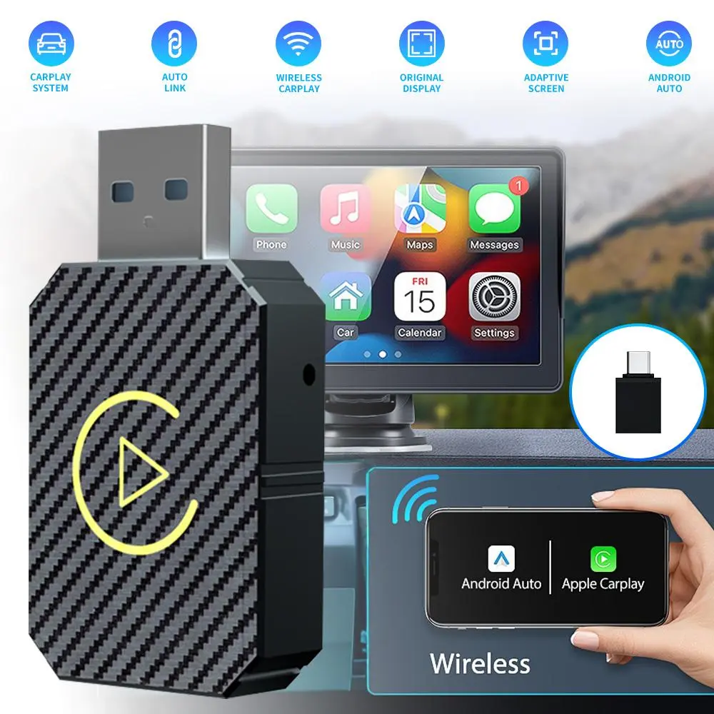 Compact Wireless CarPlay Dongle 2-in-1 In-Vehicle Cordless Auto Streaming Box - Dual Mode Wireless Car Display Adapter for Touchscreen, Fast Connect Multimedia Receiver for Post 2016 Cars