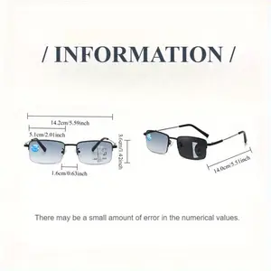 Photochromic Metal 3-in-1 Multifunctional Men'S Reading Glasses. Lightweight Frames With A Stylish, Classic Square Semi-rimless Design. Business-style, Seamless Vision. Minimalist Unisex Computer Glasses. Prescription Range: +1.0 To +4.0