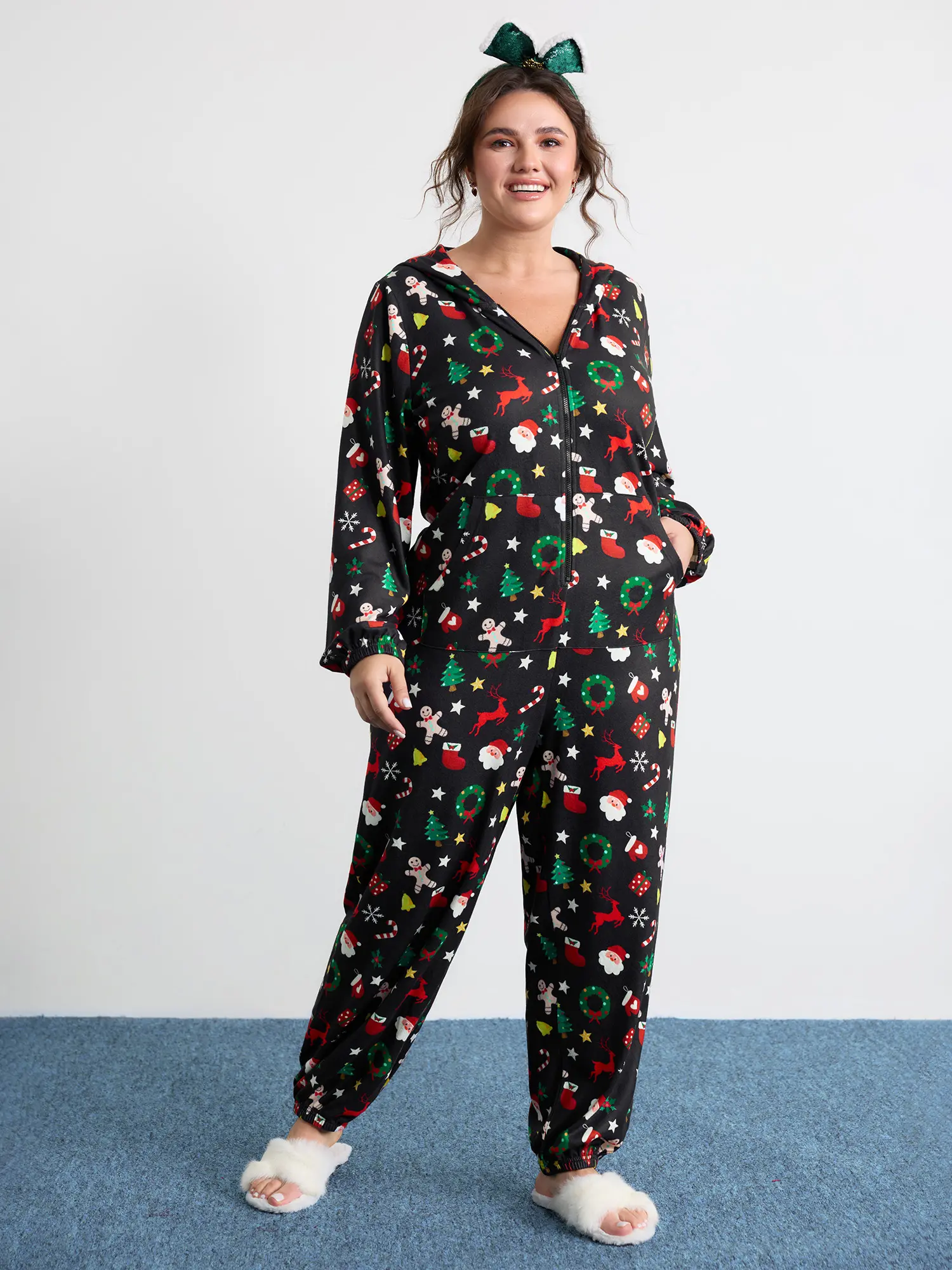 BLOOMCHIC Women's Plus Size Hooded Long-Sleeve Elastane Onesie Pajama Overalls - Lady-Fit Loungewear with Pockets,Christmas Vibes,Sizes 14-16/1X,30/6X,Summerfinds