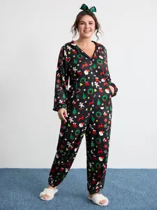 BLOOMCHIC Women's Plus Size Hooded Long-Sleeve Elastane Onesie Pajama Overalls - Lady-Fit Loungewear with Pockets,Christmas Vibes,Sizes 14-16/1X,30/6X,Summerfinds