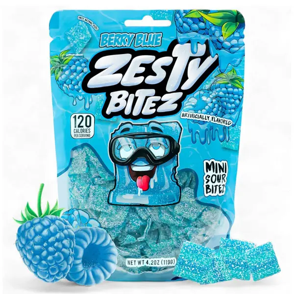 Zesty Bitez Sour Candy Strips Bites – Sour Belts with Intense Tangy Fruity Flavor (1 Pack, Berry Blue)