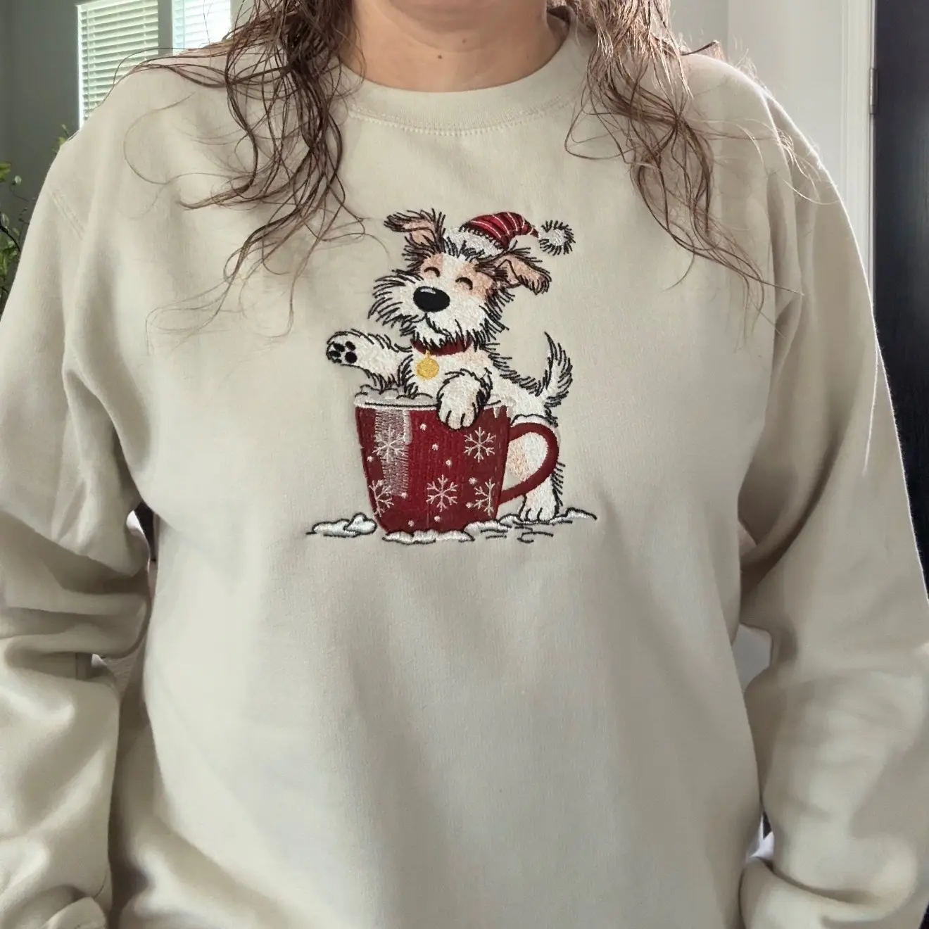 Embroidered Christmas Puppy in Hot Cocoa Mug Crewneck Sweatshirt 100% Cotton Holiday Unisex Pullover