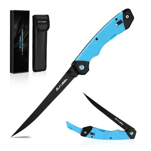 #fathersdaygift FLISSA 6.5" Folding Fillet Knife with Sheath, Fishing Knife, Razor Sharp & flexible Blade, Non-Slip Foldable Grips, Great for Fish Cleaning, Filleting, Deboning, Slicing