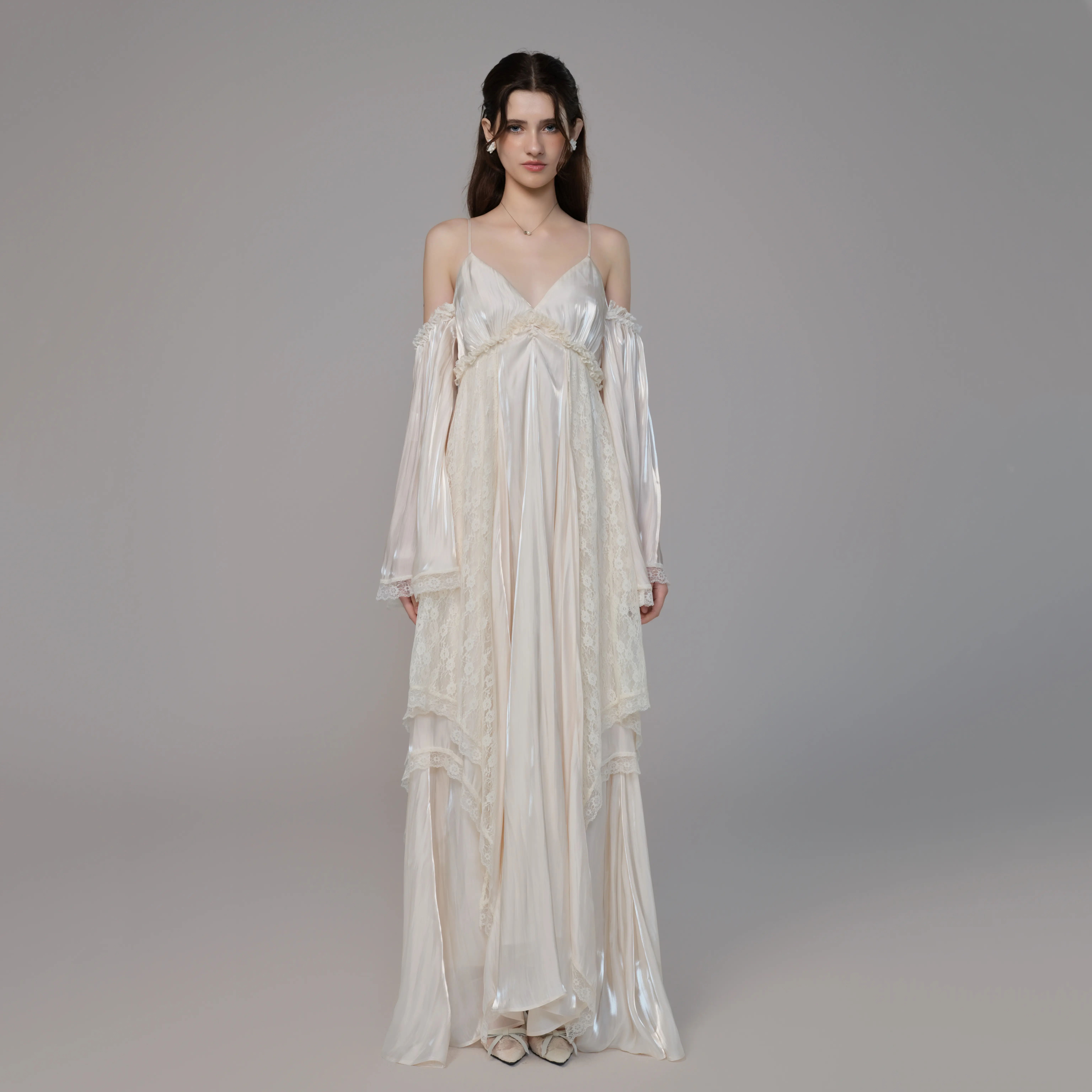 Emruvio Ethereal Weave Realm Satin Halter Lace Bow Maxi Dress