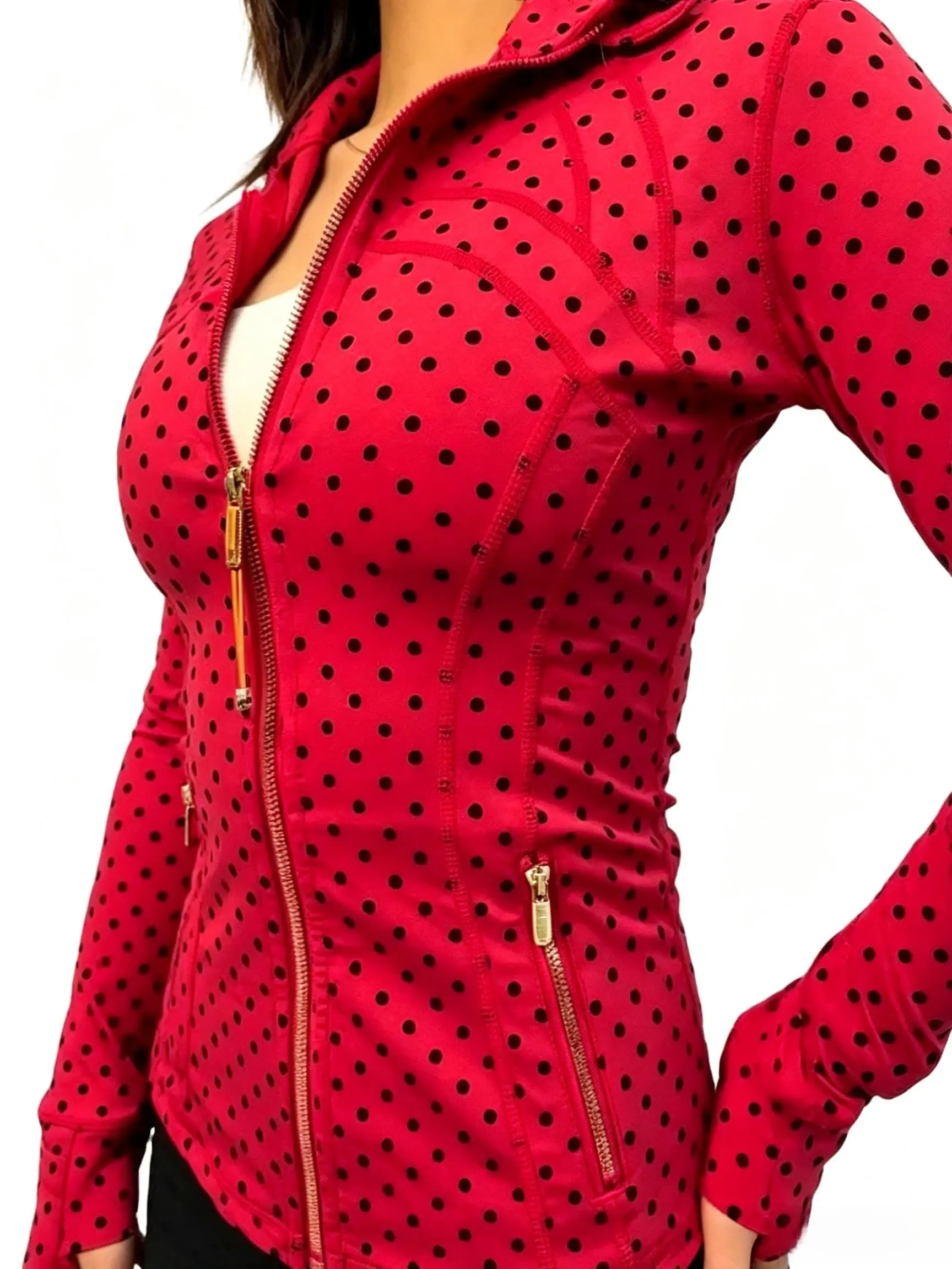 Women 2026 4Season Polka Dot SlimFit Mock Neck QuickDry Black Activewear Coat Embossed Flocking Tech Sportswear Jacket Gym Essential Athletic Outerwear