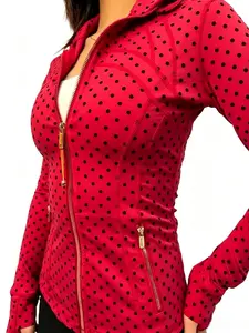 Women's 2026 4-Season Polka Dot Slim-Fit Mock Neck Quick-Dry Black Activewear Coat - Embossed Flocking Tech, Sportswear Jacket, Gym Essential, Athletic Outerwear, Activewear Coats
