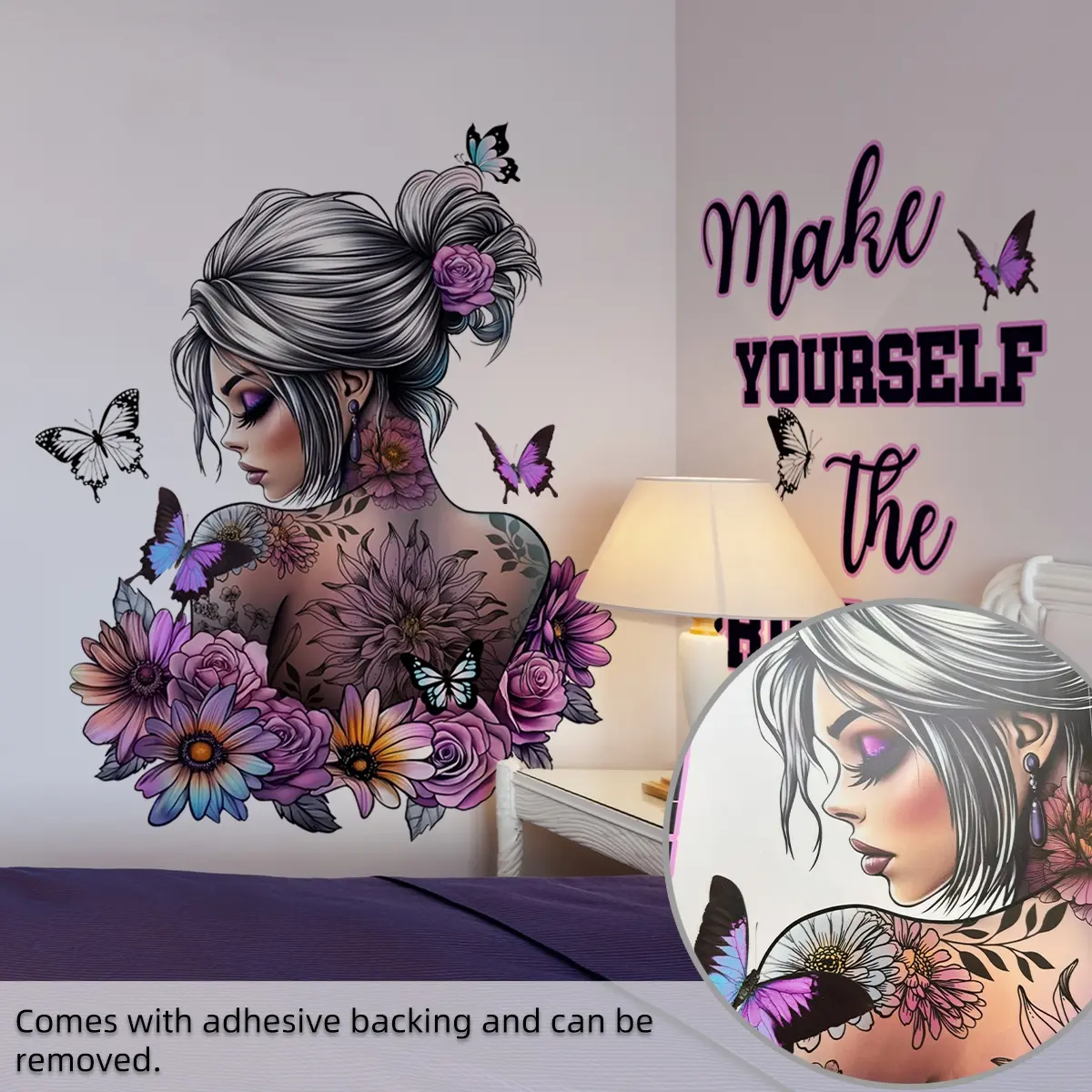 A set of two purple flower-themed wall stickers, Wall Decal, featuring a girl's back, suitable for bedroom and living room background walls, home decoration stickers, self-adhesive, MS7303-YC
