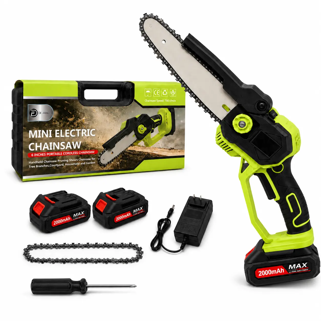 [2026 Upgraded] 6-Inch Cordless Mini Chainsaw, Cordless Compact Control Handheld Grip Mini Pruning Saw with 2 x 2000mAh Rechargeable Batteries, Spare Chain, Charger, Carrying Case for Tree Trimming, Wood Cutting