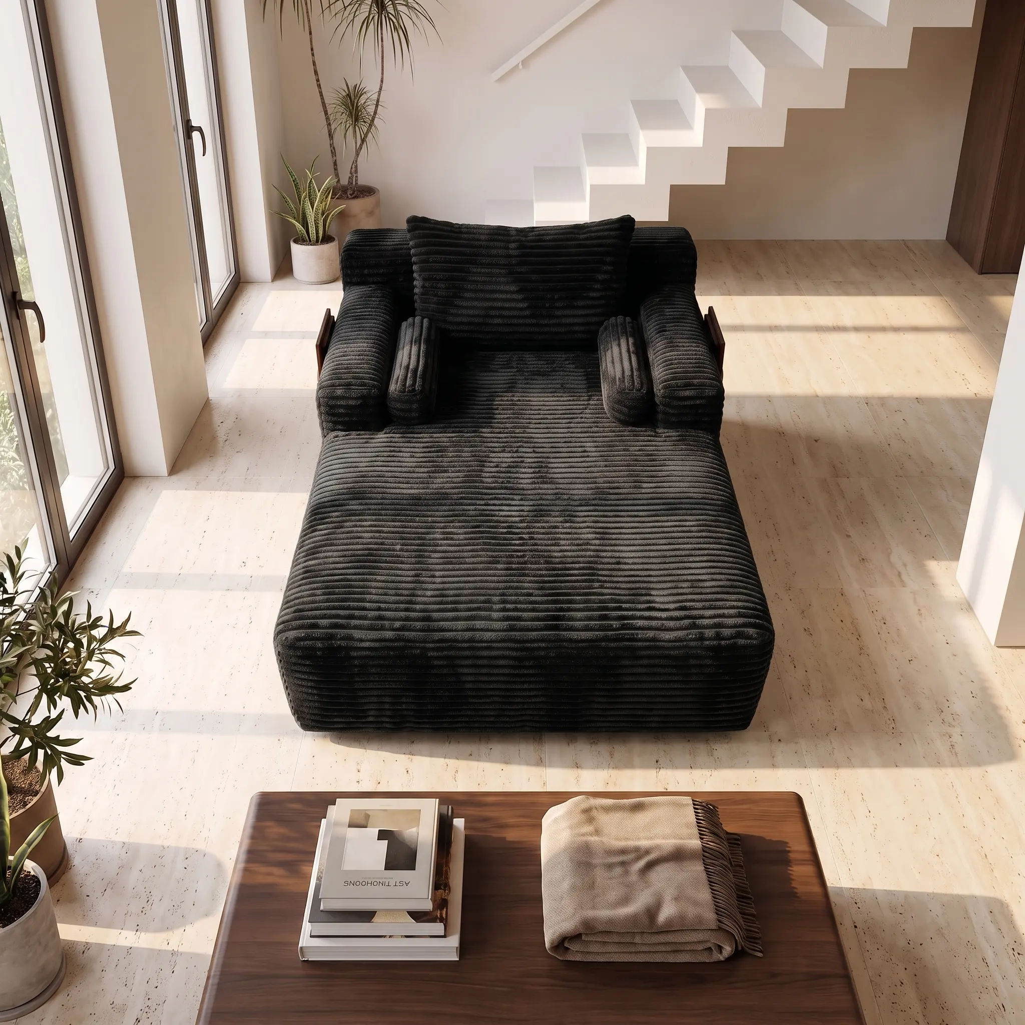ELHRSWW Modern Oversized Ribbed Corduroy Deep-Seat Chaise Lounge Cloud Sofa - Boneless Modular Couch with High-Density Foam, Ergonomic Full-Body Support, Unboxed Ready Vacuum-Compressed Indoor Furniture for Living Room, Bedroom