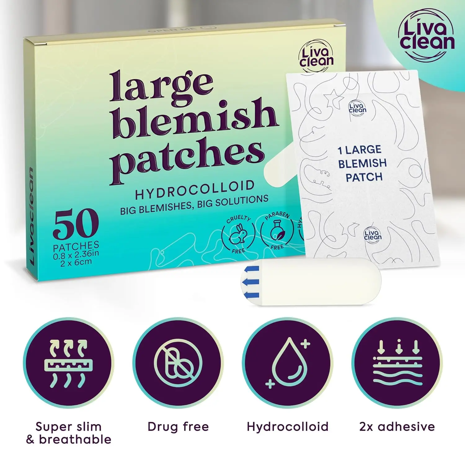Livaclean Large Hydrocolloid Acne Pimple Patches (50CT) - Cut to Fit, Super Slim for Easy Sleep, Oil Control, Breathable, Drug-Free, Strong Adhesive Facial Patch, Blemish Care Hydrocolloid Spot Treatment, Cut To Fit Acne