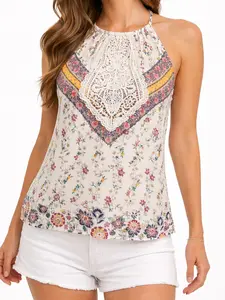 Women's Ivory Boho Halter Top – Floral Print Crochet Lace Sleeveless Blouse