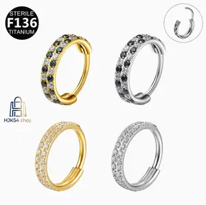 F136 Titanium Clicker Ring, Paved Cubic Zirconia Huggie Hoop in Gold or Silver Tone, Hypoallergenic Jewelry for Cartilage and Nose Piercings, Everyday