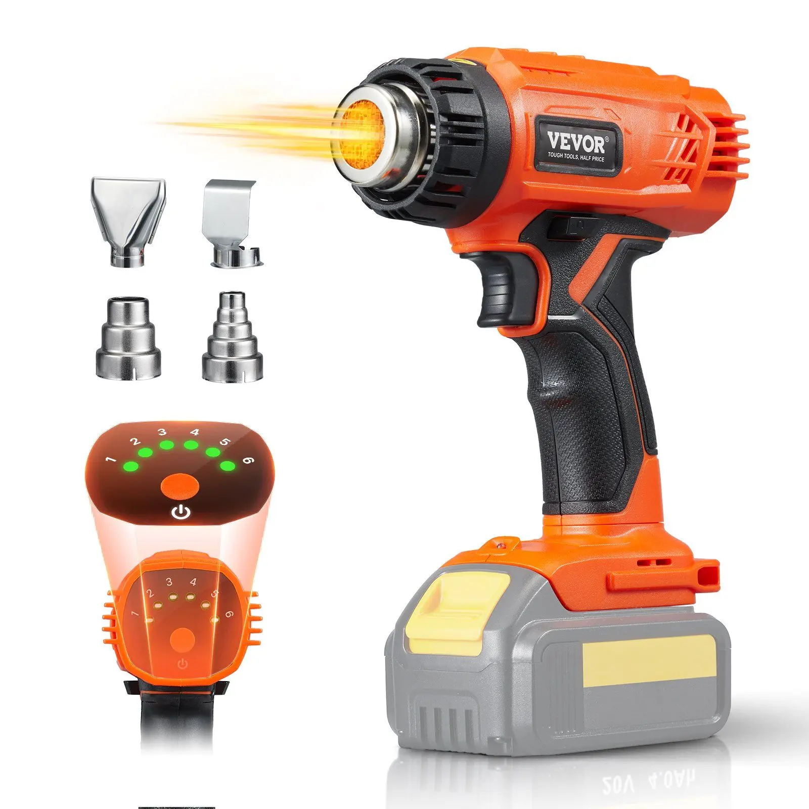 VEVOR Cordless High Power Heat Gun, Home Thermal Hot Air Tool with LED Light, 6 Temperatures, 4 Nozzles, Lock Switch for Shrink Tubing & Paint Removal, High Power Tool