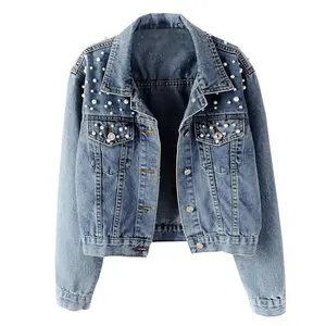 Women’s fashionable loose embroidered pearl jewelry denim jacket GARMENTARY