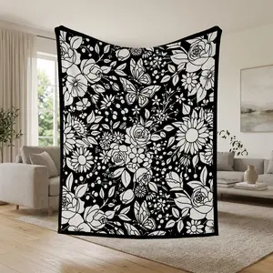 Black and white floral fleece blanket soft plush throw for couch bed cozy lightweight warm blanket elegant flower pattern home decor gift for bedroom sofa travel all season use
