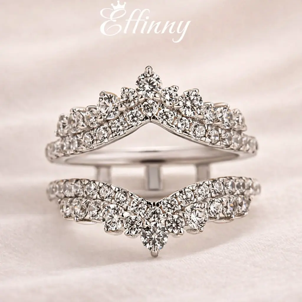Effinny Jewelry Double Row Chevron Round Cut Ring Enhancer, 925 Sterling Silver V Shaped Curved Wedding Band For Engagement Rings, Statement Multi Ring, Female
