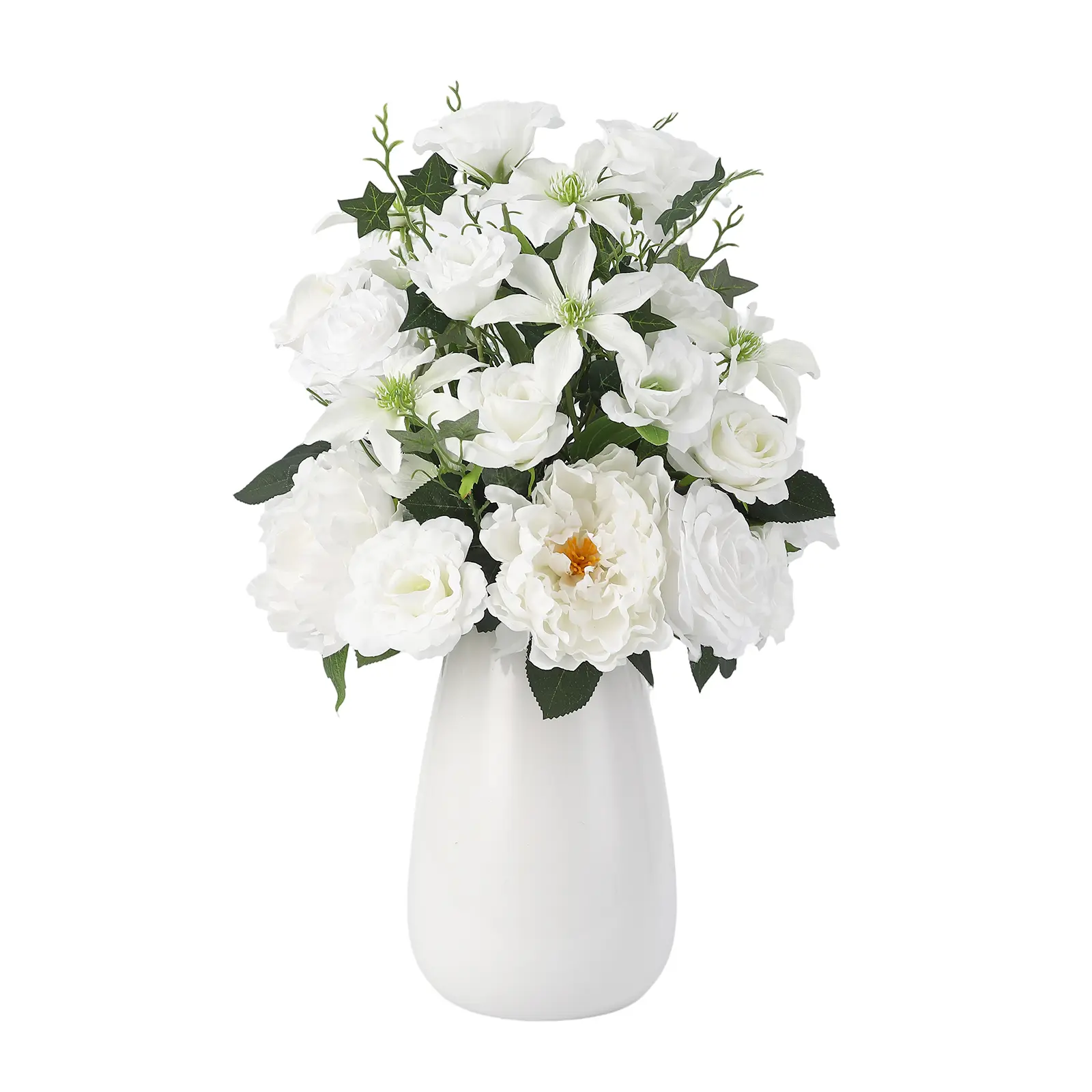 【GARVEE】Realistic Artificial White Roses in Ceramic Vase - Lifelike Faux Flowers with Bendable Stems - Everlasting Ready-to-Display Arrangement for Home, Office, Wedding Centerpiece or Gift