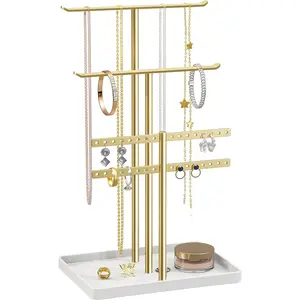 Jewelry Stand Holder Organizer: 14.5" Sturdy Hanger for 80 Pcs Jewelry, Gift for Women, Gold Jewlery Tower for Necklace, Earring, Bracelet