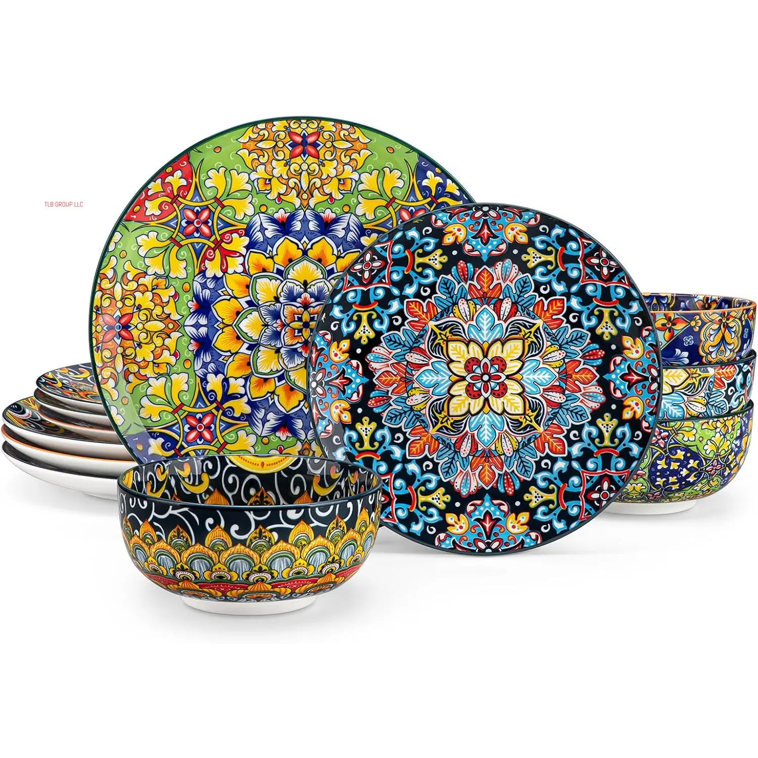 12 Pieces Dinnerware Sets, Plates and Bowls Set, Porcelain Dishes Set for 4, Microwave and Dishwasher Safe, Scratch Resistant, Bohemian Style Dining Ware Service for 4, Series SIMI