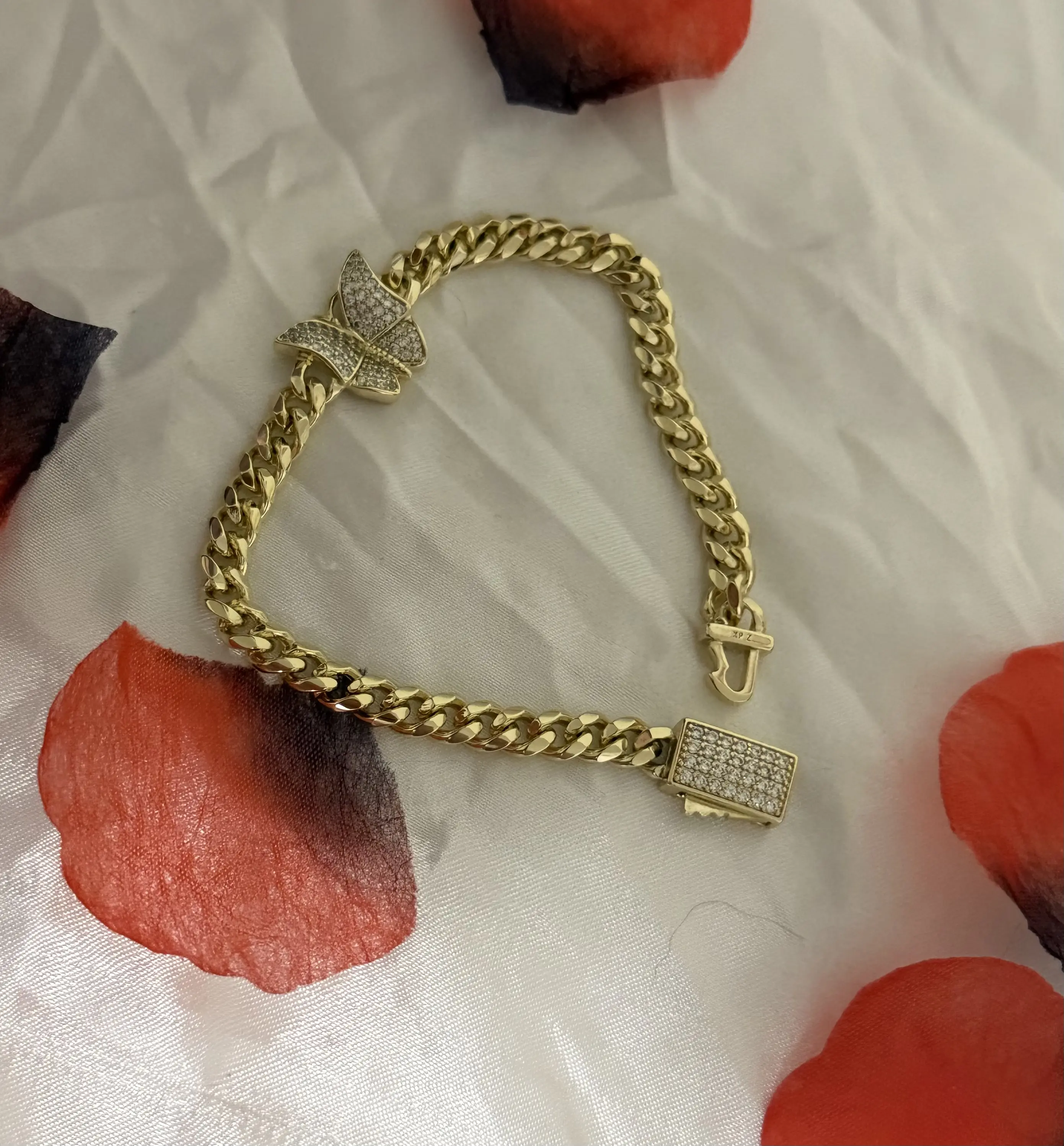 Gold Chain Bracelet with Rhinestones and Butterfly Design