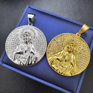 MaxBling81 40mm Stainless Steel Holy Jesus Medal Pendant - Iced Hip Hop CZ Bling, Unisex Fashion Charm for Casual Daily Wear, Non Tarnish Jewelry