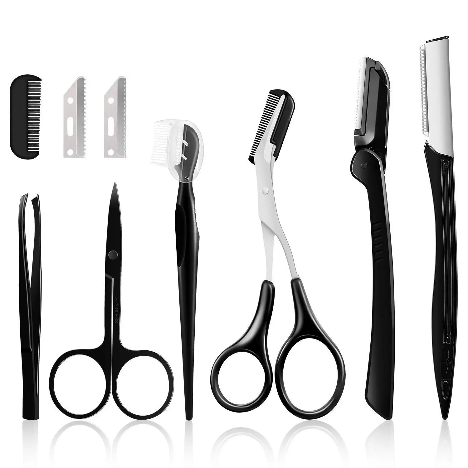 Women's 9-in-1 Stainless Steel Eyebrow Kit - Durable Dermaplaning Tool Set, Compact Eyebrow Razor, Facial Hair Removal Brush, Exfoliating Beauty Products for Grooming Makeup Accessories