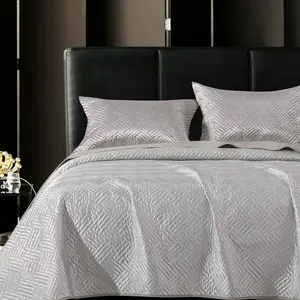 NTBAY Silk Satin Quilt Set Woven Embossing Bedspread Luxury Quilted Coverlet Set for All Seasons 1 Quilt 2 Pillow Shams European Round Corner Design Soft Microfiber Bedspread Easy Care Machine Washable