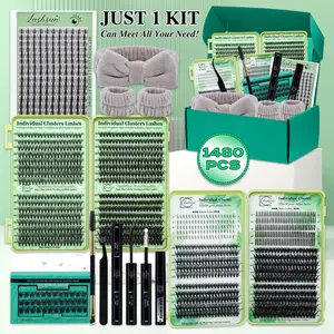 1480PCS/650PCS/36PCS Lash Clusters Kit D Curl 9 Styles Bottom/Spikes/Natural/Anime Lashes Kit with Bond&Seal Lash Remover Brush Lash Applicator Headband Wristband set, Individual Eyelash Kit, Diy Lash Tools, Perfect for Beginners&Pros, DIY at Home
